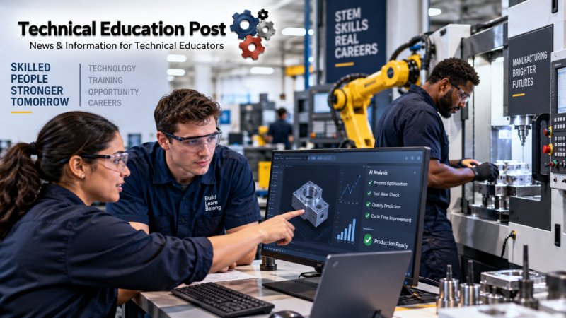 Technical education students and skilled workers using AI-assisted manufacturing technology, CNC equipment, and industrial robotics.