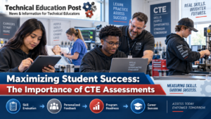 Students completing CTE assessments and hands-on technical training with an instructor in a modern career and technical education lab.