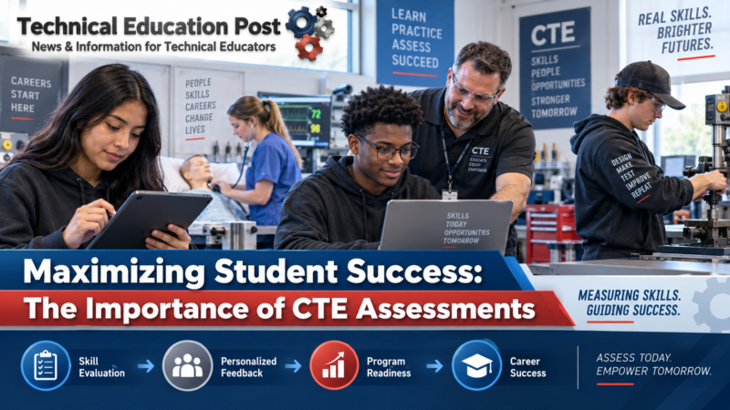 Students completing CTE assessments and hands-on technical training with an instructor in a modern career and technical education lab.
