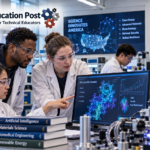 Diverse university researchers using artificial intelligence to analyze scientific data in an advanced STEM laboratory.