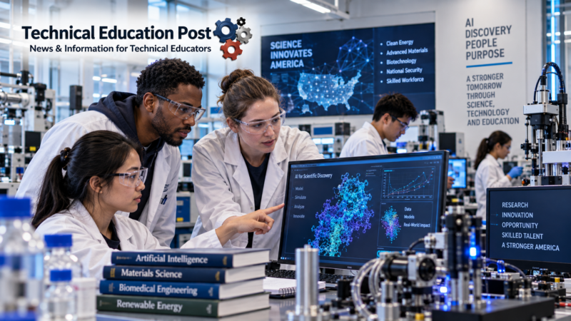 Diverse university researchers using artificial intelligence to analyze scientific data in an advanced STEM laboratory.