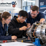 Aerospace engineering students and instructor examining a jet turbine engine in a modern technical training laboratory.