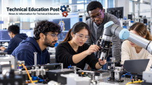Diverse graduate engineering and computer science students collaborating on a robotic arm in a university laboratory, with Technical Education Post branding.