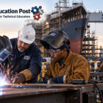Shipbuilding apprentices practicing industrial welding under instructor supervision at a maritime shipyard, with Technical Education Post branding.