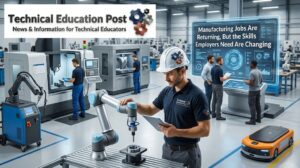 Advanced manufacturing technician working with automated industrial equipment