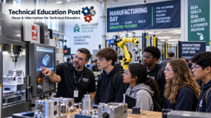 High school students learning about CNC machining and industrial robotics during a manufacturing career exploration demonstration.